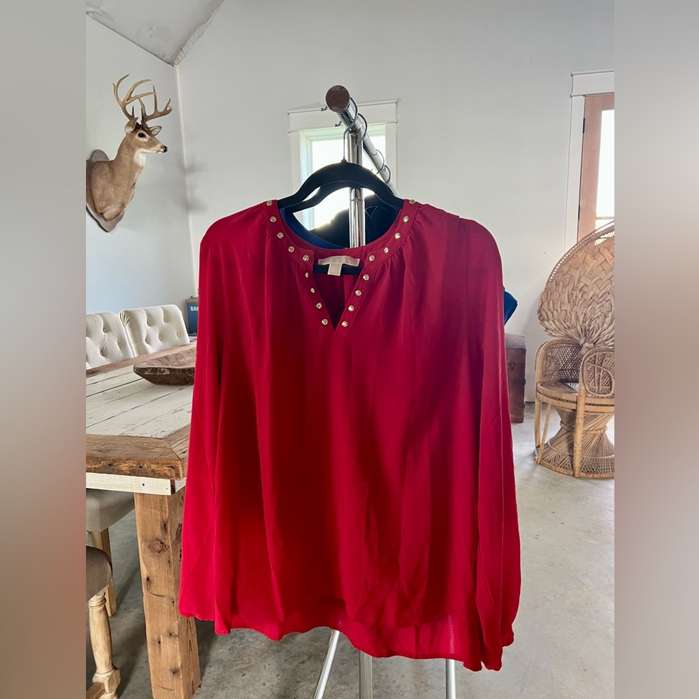 Michael Kors Red Long-Sleeve Stud-Accent V-Neck Blouse